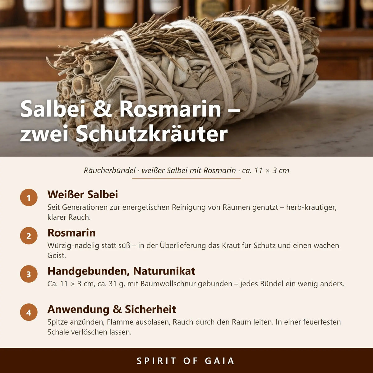 Infografik: Salbei und Rosmarin – zwei Schutzkräuter, handgebunden, Anwendung und Sicherheit