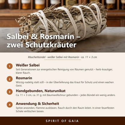 Infografik: Salbei und Rosmarin – zwei Schutzkräuter, handgebunden, Anwendung und Sicherheit