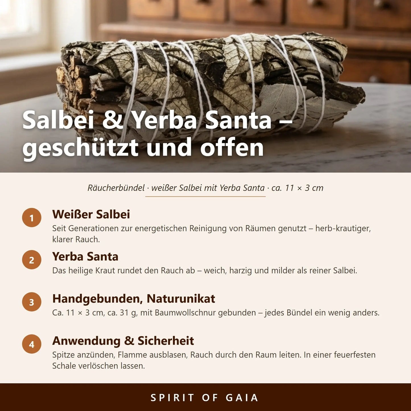 Infografik: Salbei und Yerba Santa – geschützt und offen, handgebunden, Anwendung und Sicherheit