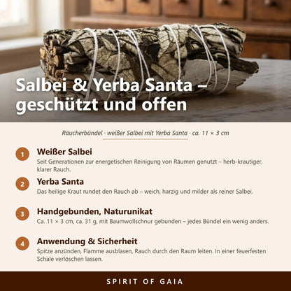 Infografik: Salbei und Yerba Santa – geschützt und offen, handgebunden, Anwendung und Sicherheit