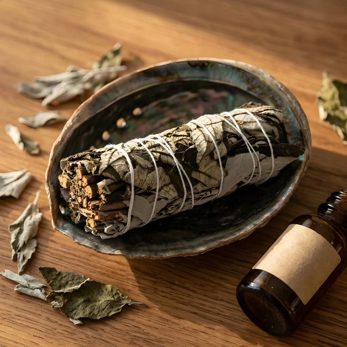 Salbeibündel mit Yerba Santa in einer Abalone-Schale auf einem Holztisch