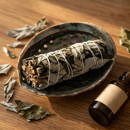 Salbeibündel mit Yerba Santa in einer Abalone-Schale auf einem Holztisch