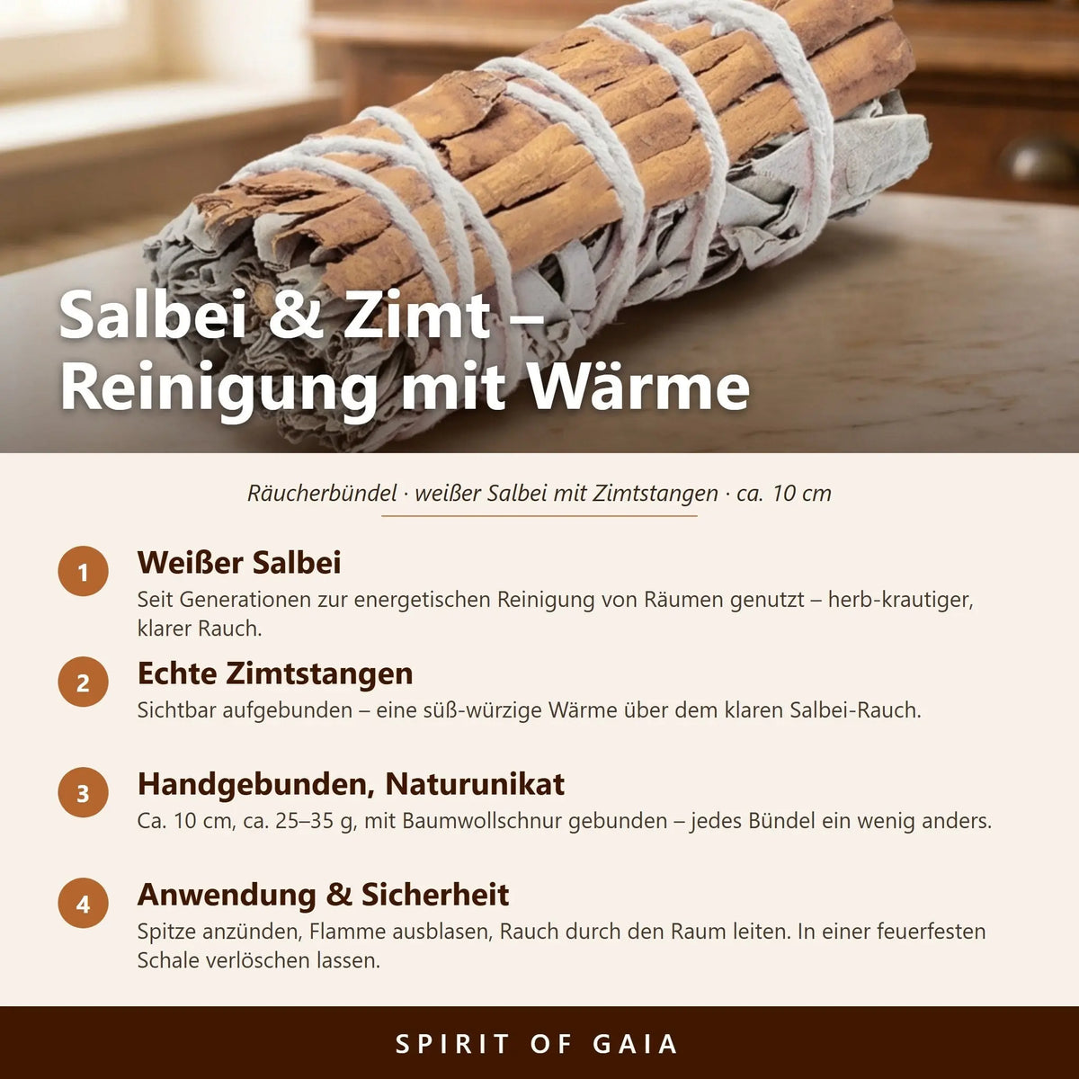 Infografik: Salbei und Zimt – weißer Salbei, echte Zimtstangen, handgebunden, Anwendung und Sicherheit