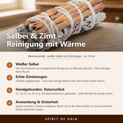 Infografik: Salbei und Zimt – weißer Salbei, echte Zimtstangen, handgebunden, Anwendung und Sicherheit