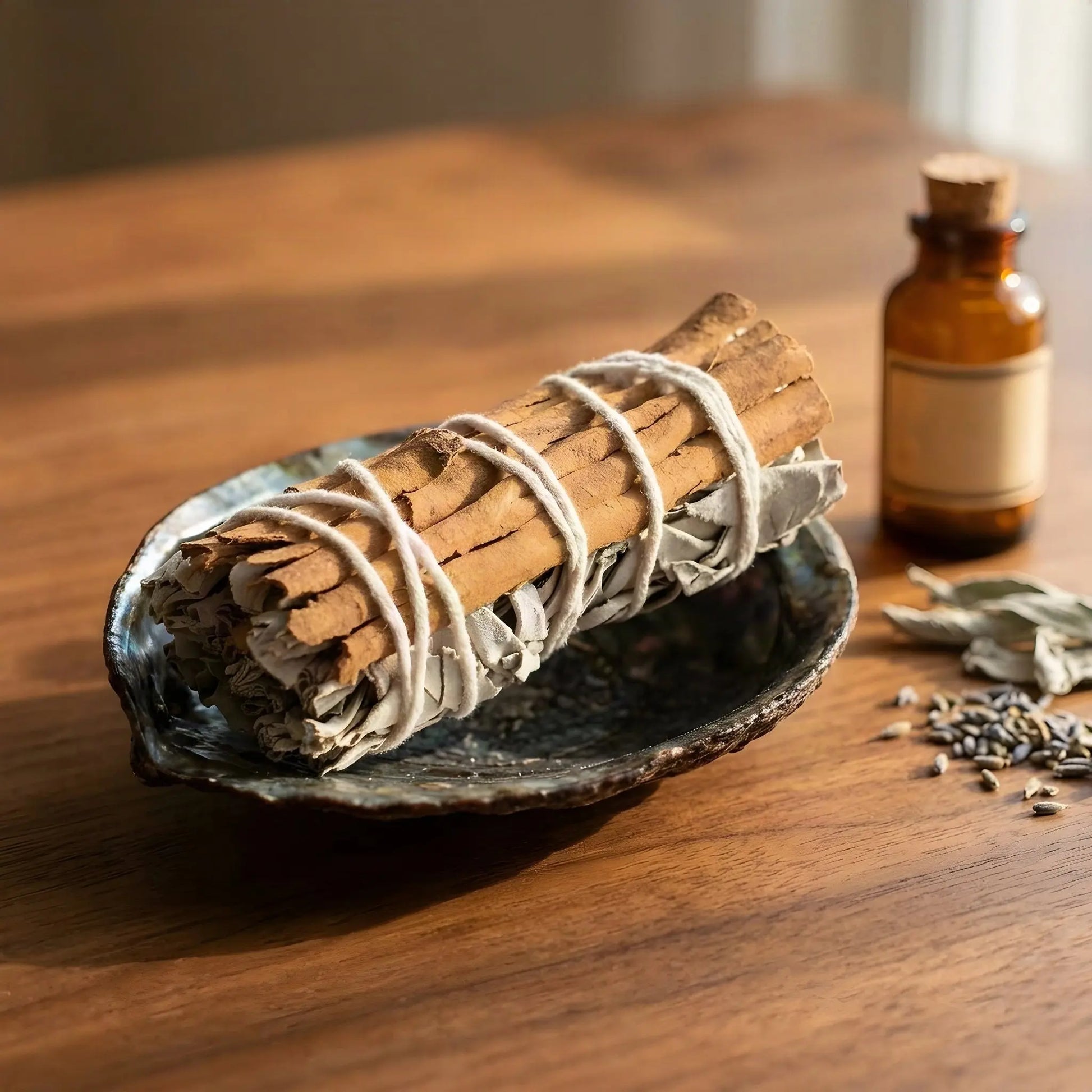 Salbeibündel mit Zimt in einer Abalone-Schale auf einem Holztisch