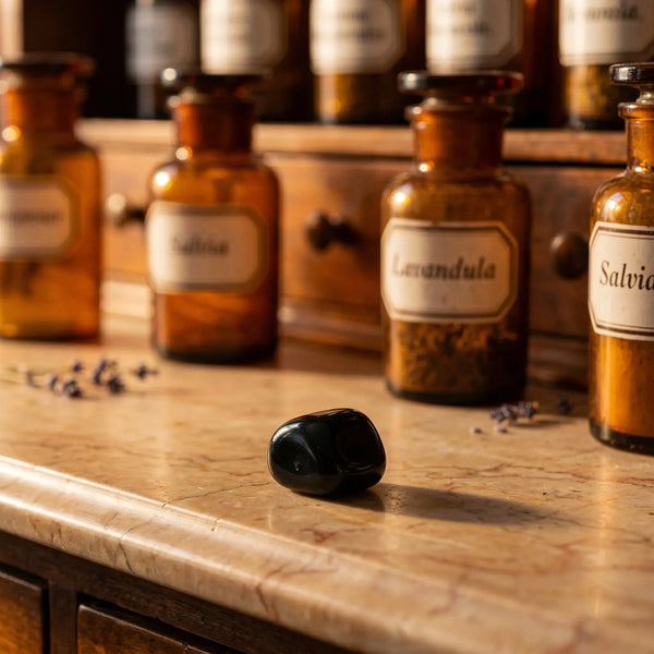 Onyx Trommelstein – tiefschwarzer glänzender Heilstein auf antiker Apotheker-Marmorablage