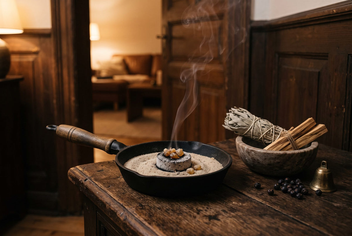 Eine Räucherpfanne mit Holzstiel und glimmender Kohle auf einer alten Eichentruhe im Flur, daneben ein Salbeibündel mit Palo Santo in einer Specksteinschale, Rauch zieht durch die offene Tür