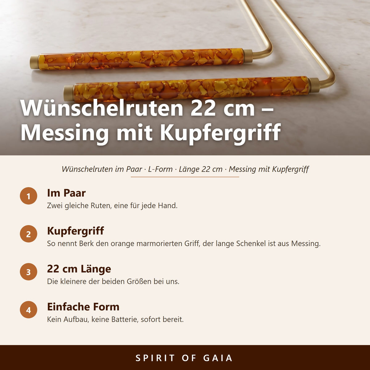 Übersicht zu den Wünschelruten 22 cm: im Paar, Kupfergriff laut Berk, 22 cm Länge, einfache Form