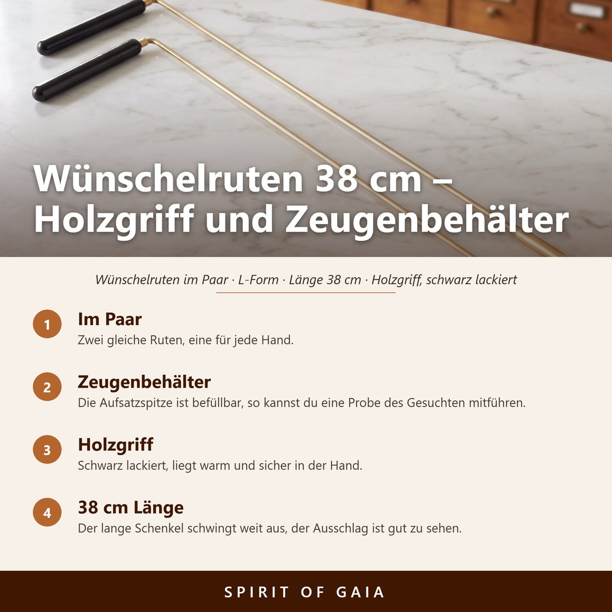 Übersicht zu den Wünschelruten 38 cm: Im Paar, Zeugenbehälter, Holzgriff, 38 cm Länge