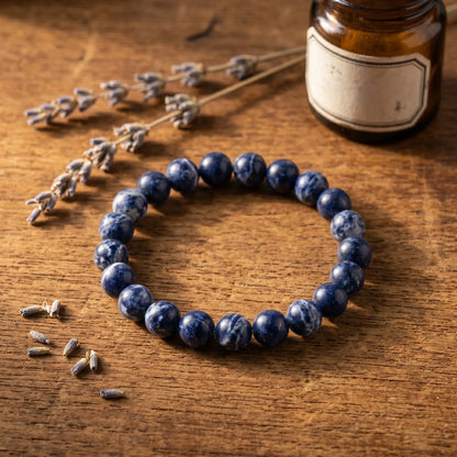 Sodalith Kugelarmband auf warmem Holz mit getrocknetem Lavendel im Apotheker-Look