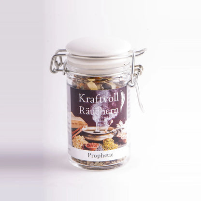 Prophetie, Räuchermischung der Reihe Kraftvoll Räuchern von Berk, 60 ml im Bügelglas: Bügelglas mit weißem Deckel und Etikett vor hellem Grund