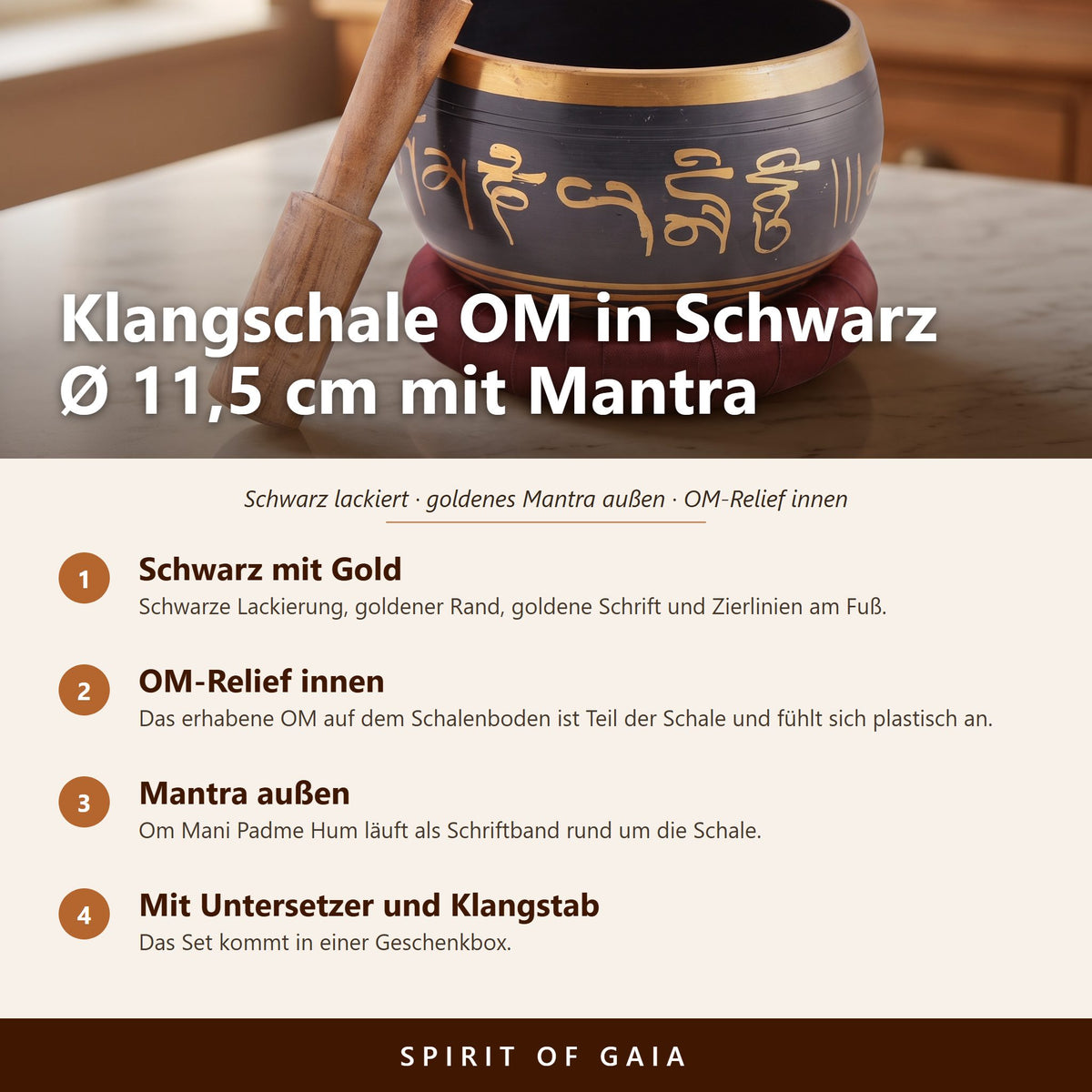 Übersicht zur Klangschale OM in Schwarz: Ø 11,5 cm, goldenes Mantra außen, OM-Relief innen, mit Untersetzer und Klangstab