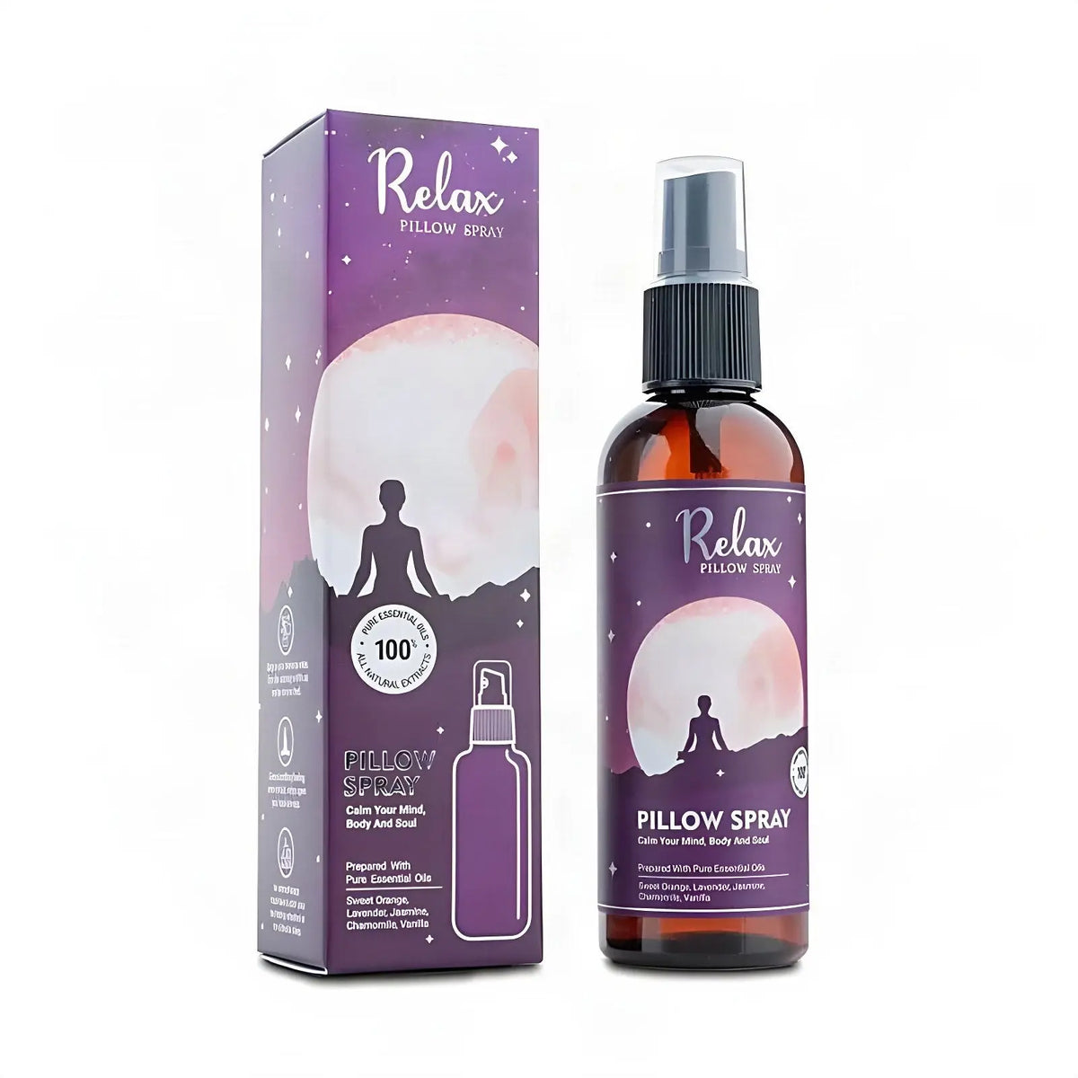 Kissenspray Relax Pillow Spray, Sprühflasche und Schachtel, freigestellt auf Weiß