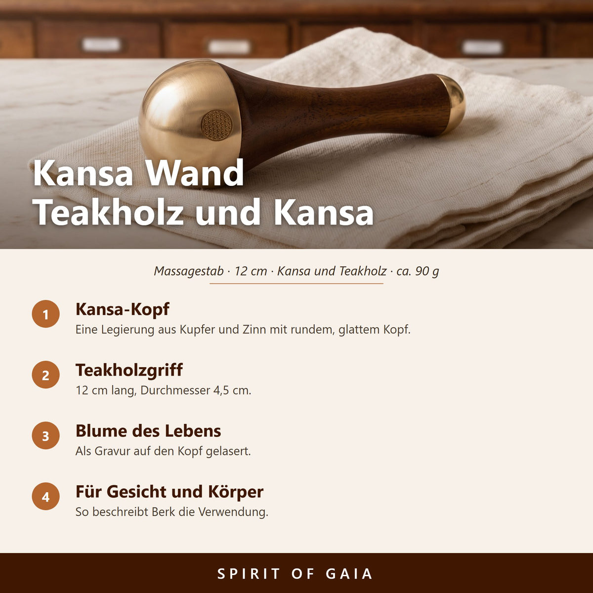 Übersicht zum Kansa Wand: Kansa-Kopf, Teakholzgriff, Blume des Lebens, für Gesicht und Körper