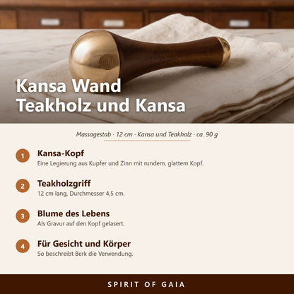 Übersicht zum Kansa Wand: Kansa-Kopf, Teakholzgriff, Blume des Lebens, für Gesicht und Körper