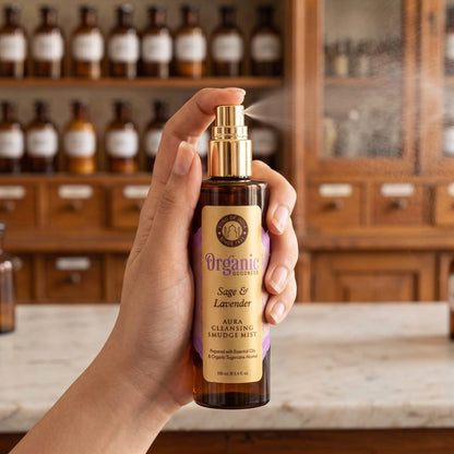 Hand sprüht einen feinen Nebel aus dem Aura Reinigungsspray Salbei und Lavendel in den Raum