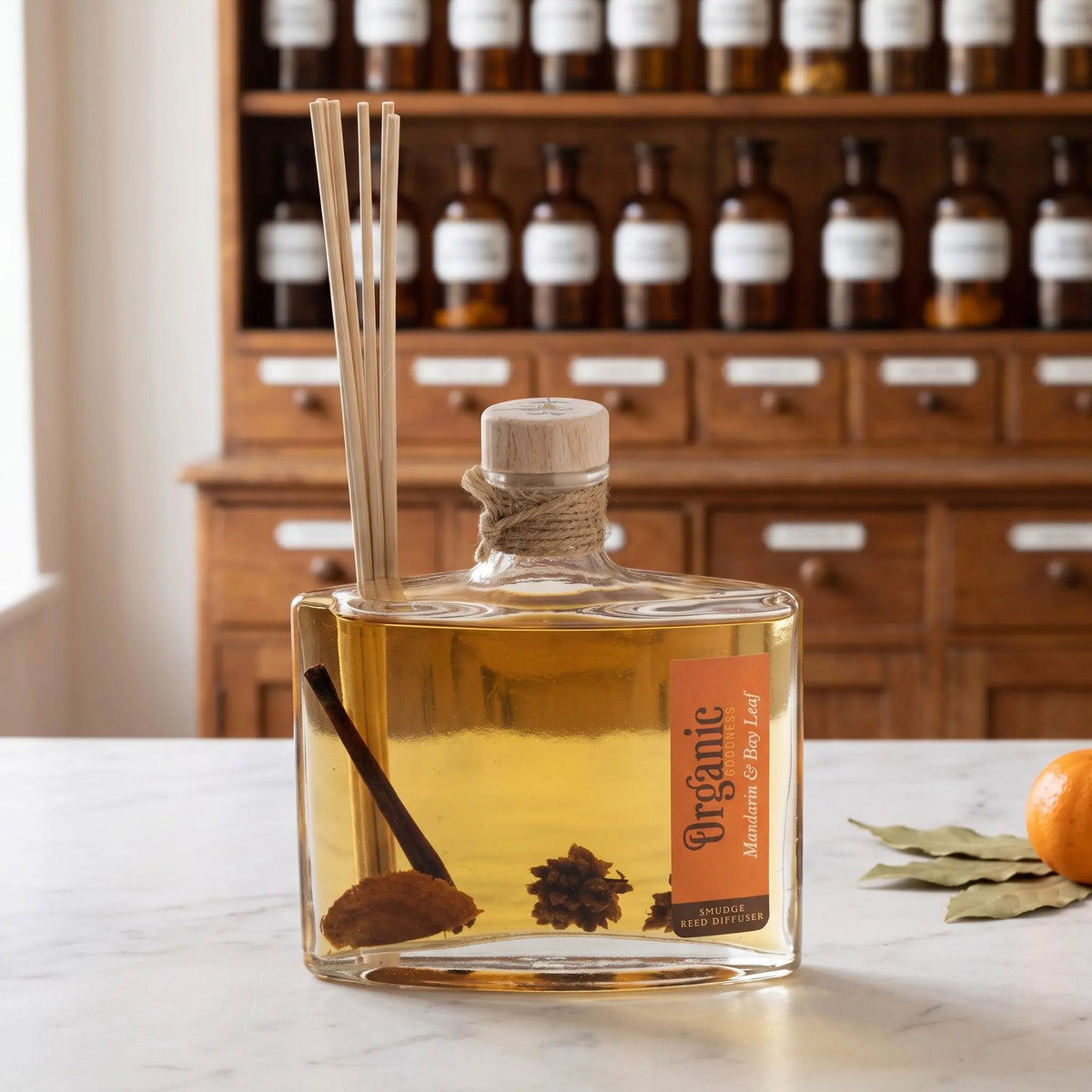 Reed Diffuser Mandarine und Lorbeerblatt von Organic Goodness: eckige Glasflasche mit Holzstopfen, Jutekordel und Schilfrohrstäbchen auf einer Marmortheke vor einem Apothekerschrank