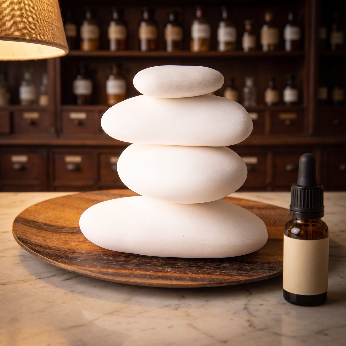 Duftstein Set Stone Balance auf der Apothekentheke, daneben ein braunes Tropfenfläschchen (Öl nicht enthalten)