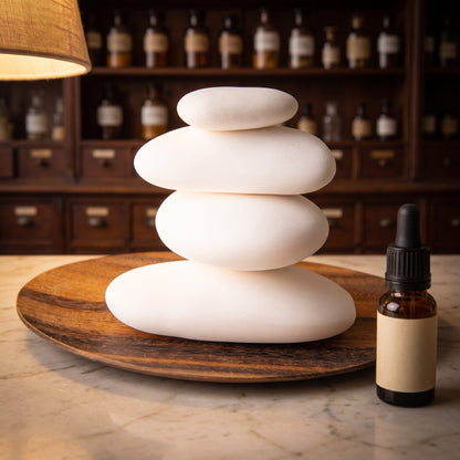 Duftstein Set Stone Balance auf der Apothekentheke, daneben ein braunes Tropfenfläschchen (Öl nicht enthalten)