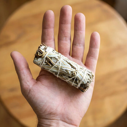 Yerba-Santa-Bündel auf einer offenen Handfläche als Größenvergleich