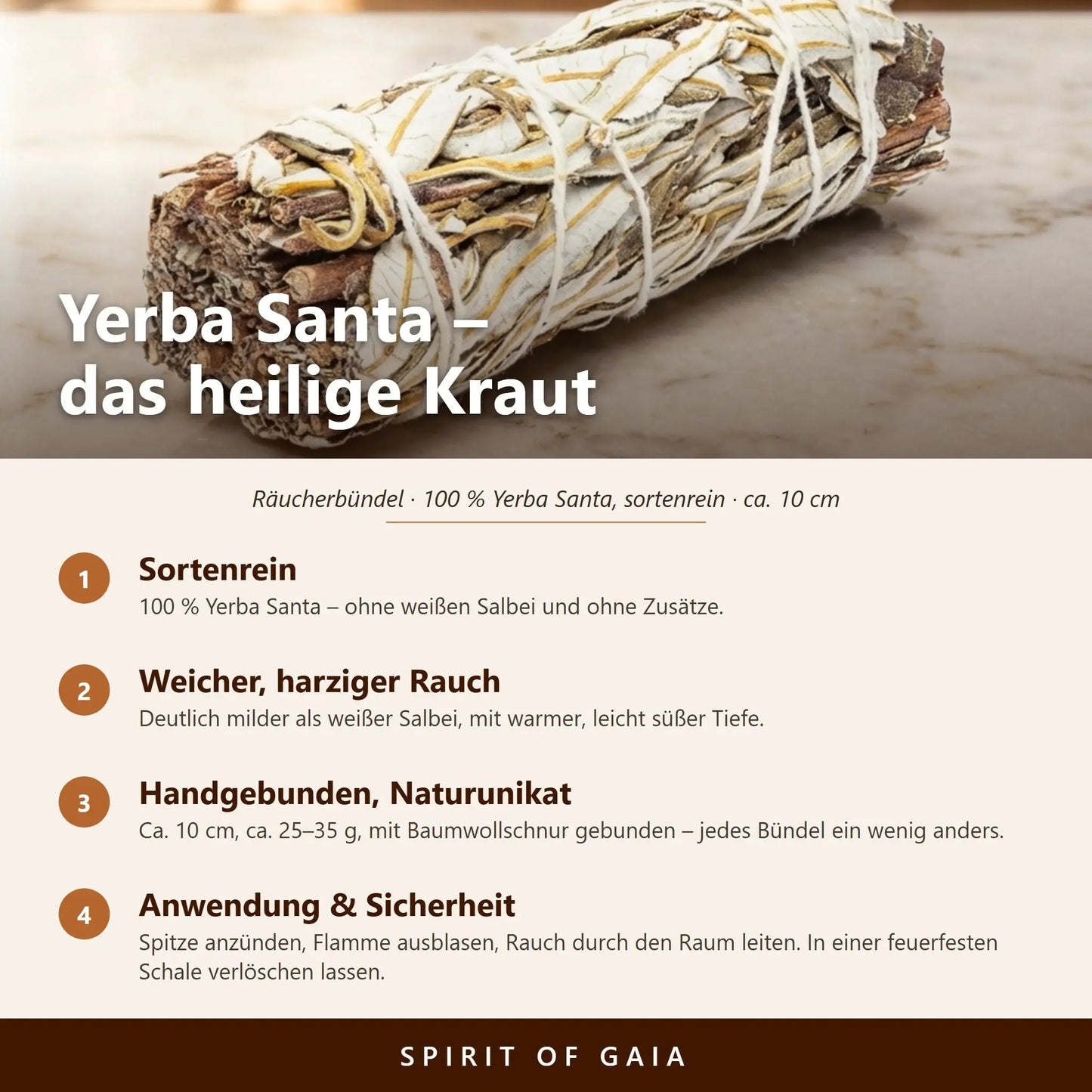Infografik: Yerba Santa – sortenrein, weicher harziger Rauch, handgebunden, Anwendung und Sicherheit
