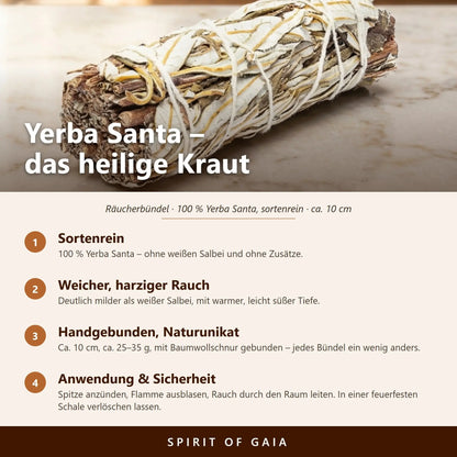 Infografik: Yerba Santa – sortenrein, weicher harziger Rauch, handgebunden, Anwendung und Sicherheit