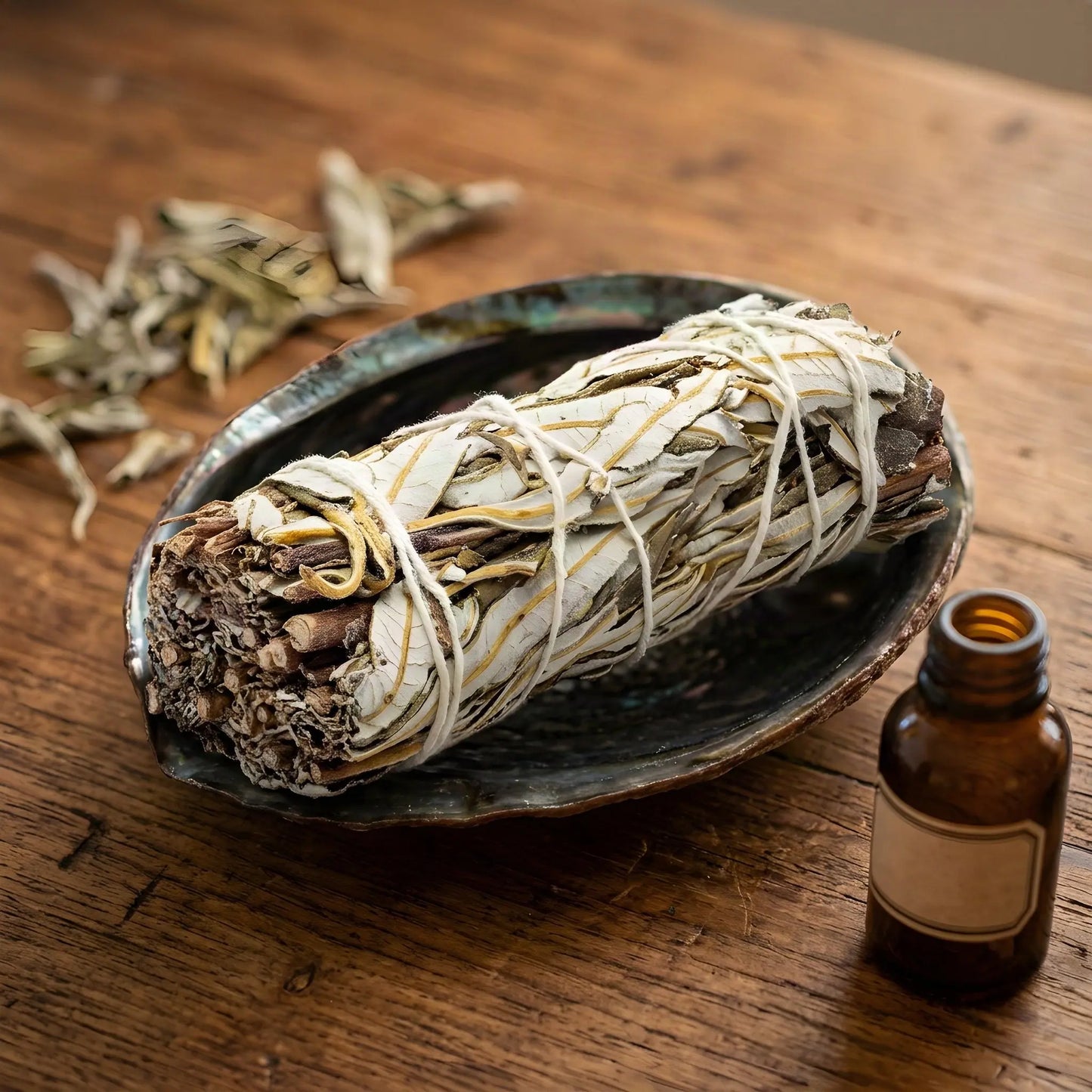 Yerba-Santa-Bündel in einer Abalone-Schale auf einem Holztisch