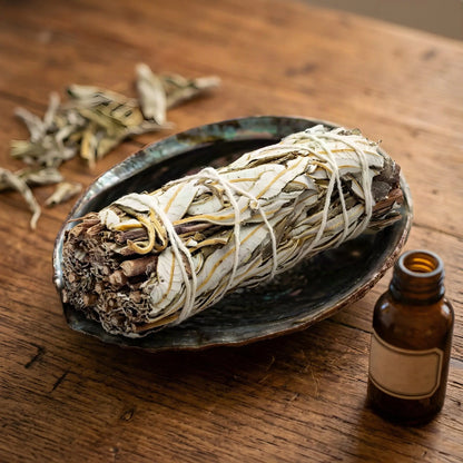Yerba-Santa-Bündel in einer Abalone-Schale auf einem Holztisch