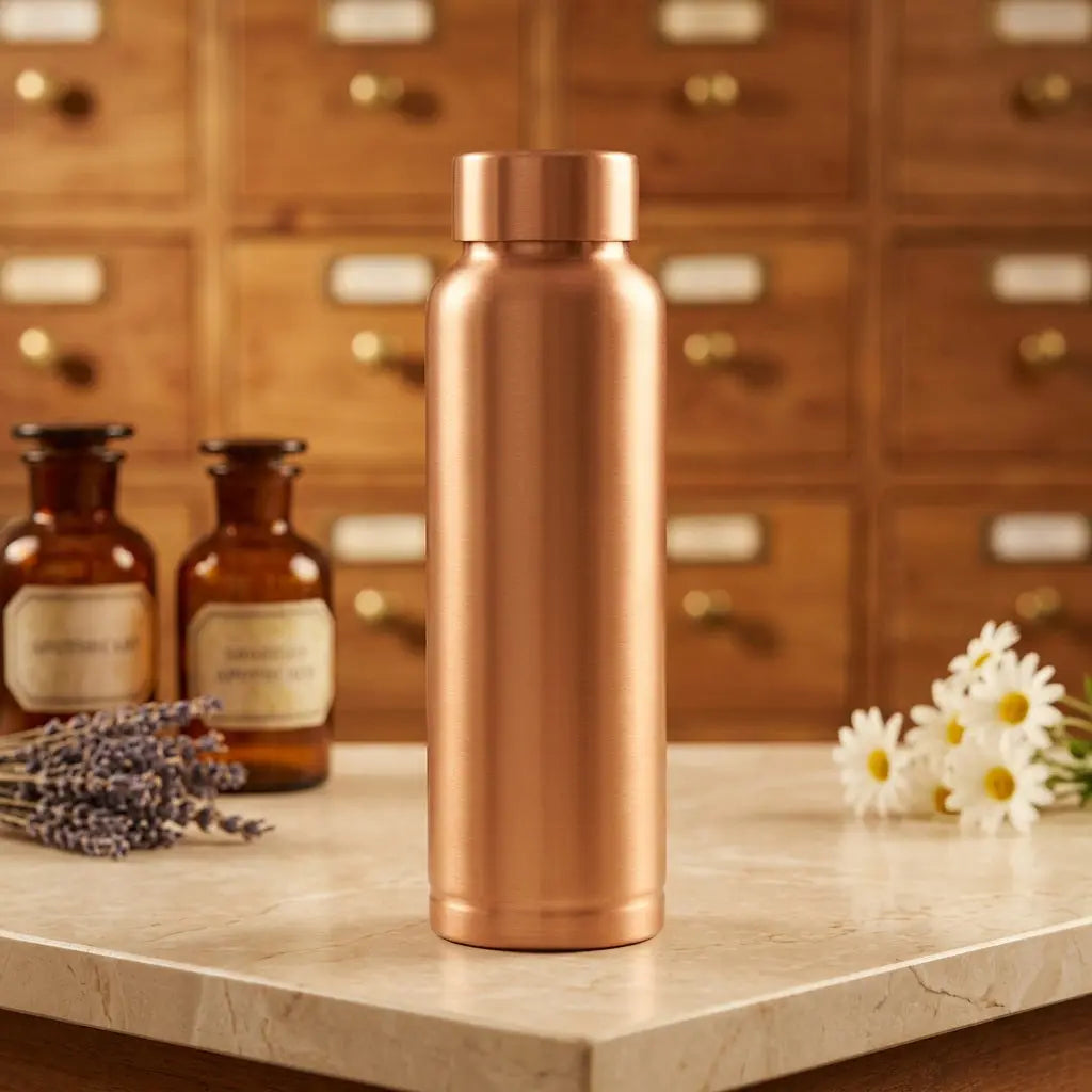 Kupfer-Trinkflasche Ayurveda glatt matt auf Marmortheke vor Apothekerschrank – Spirit of Gaia