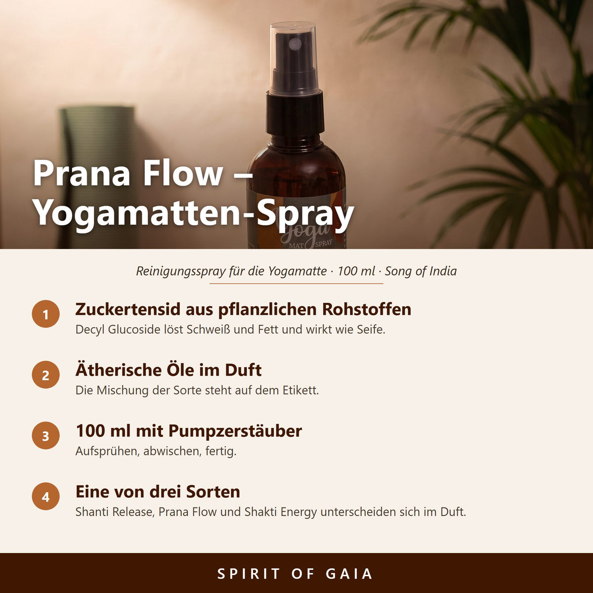 Übersicht zum Yogamatten-Spray Prana Flow: Zuckertensid, ätherische Öle, 100 ml mit Pumpzerstäuber