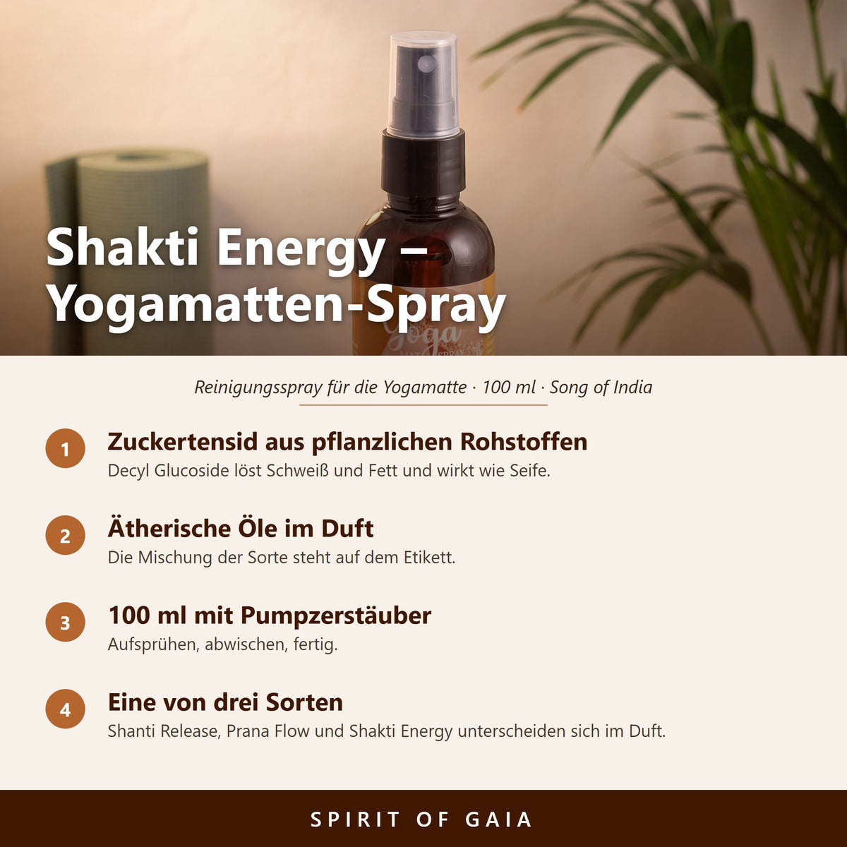 Übersicht zum Yogamatten-Spray Shakti Energy: Zuckertensid, ätherische Öle, 100 ml mit Pumpzerstäuber