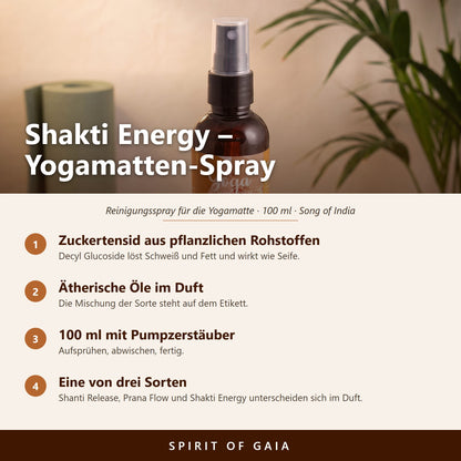 Übersicht zum Yogamatten-Spray Shakti Energy: Zuckertensid, ätherische Öle, 100 ml mit Pumpzerstäuber