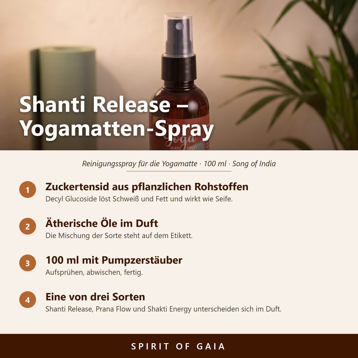 Übersicht zum Yogamatten-Spray Shanti Release: Zuckertensid, ätherische Öle, 100 ml mit Pumpzerstäuber