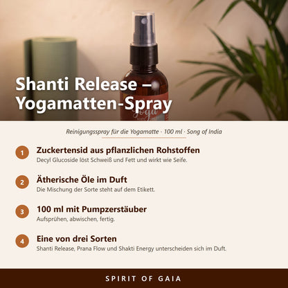 Übersicht zum Yogamatten-Spray Shanti Release: Zuckertensid, ätherische Öle, 100 ml mit Pumpzerstäuber