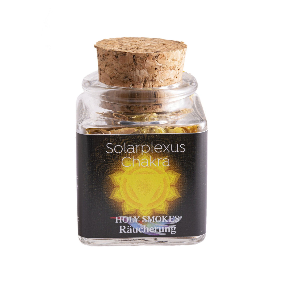 Solarplexus-Chakra, Chakra-Räuchermischung von Berk, 50 ml im Korkglas: Korkglas mit schwarzem Chakra-Etikett, freigestellt auf Weiß