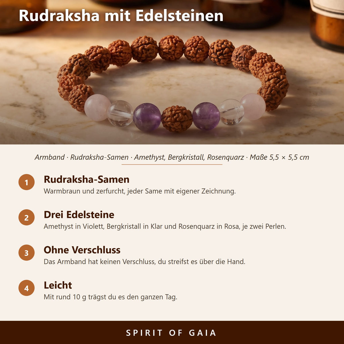 Übersicht zum Rudraksha Armband mit Edelsteinen: Rudraksha-Samen, Amethyst, Bergkristall, Rosenquarz, ohne Verschluss