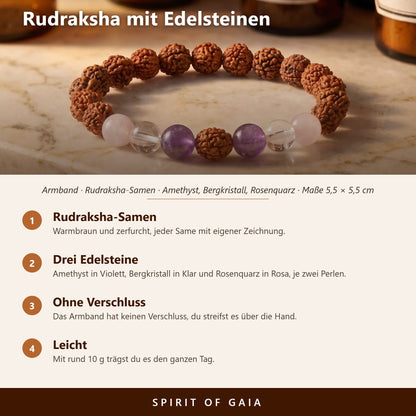 Übersicht zum Rudraksha Armband mit Edelsteinen: Rudraksha-Samen, Amethyst, Bergkristall, Rosenquarz, ohne Verschluss