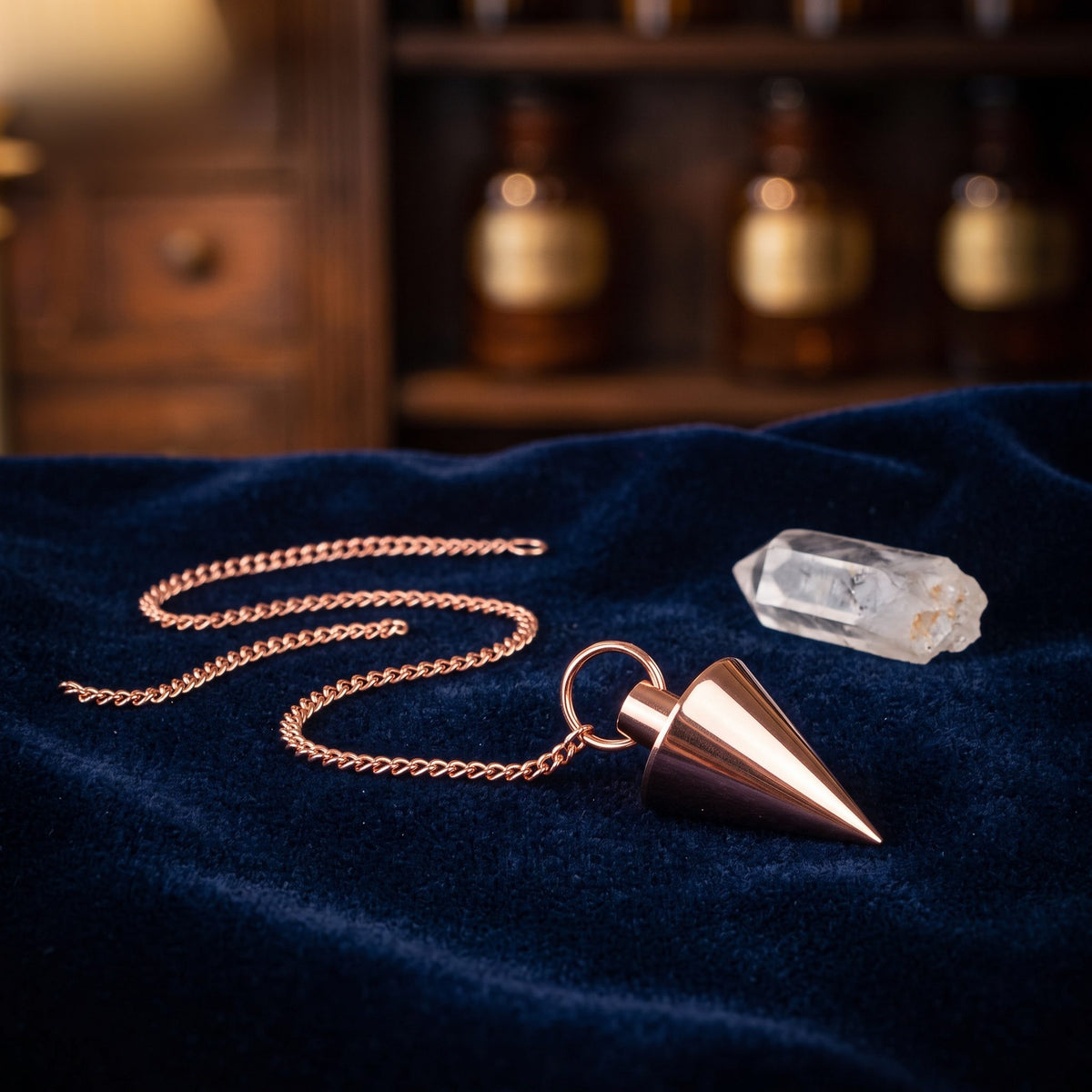 Kegelpendel aus verkupfertem Messing, ca. 22 mm: liegt mit locker gelegter Kette auf dunkelblauem Samt, daneben eine kleine Bergkristallspitze, abends auf der Theke einer alten Apotheke – Spirit of Gaia