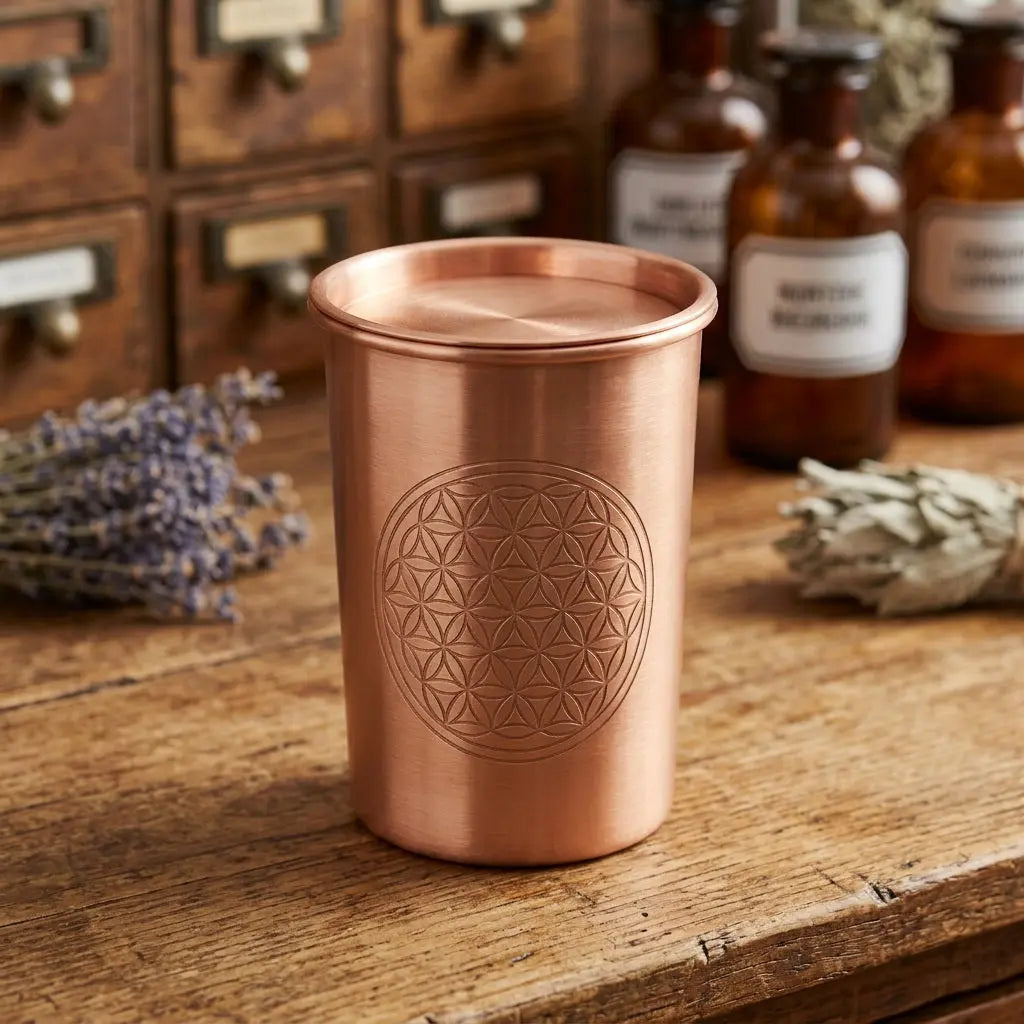 Kupferbecher Flower of Life mit leicht versenktem Kupferdeckel – Detailansicht