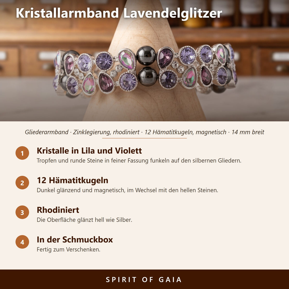 Übersicht zum Kristallarmband Lavendelglitzer: Kristalle in Lila und Violett, 12 Hämatitkugeln, rhodiniert, in der Schmuckbox
