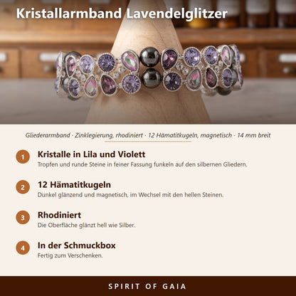 Übersicht zum Kristallarmband Lavendelglitzer: Kristalle in Lila und Violett, 12 Hämatitkugeln, rhodiniert, in der Schmuckbox