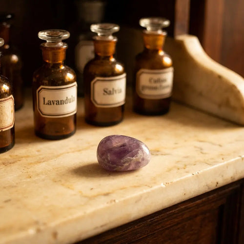 Amethyst Trommelstein – violetter Heilstein im Apothekerschrank mit Apothekergläsern