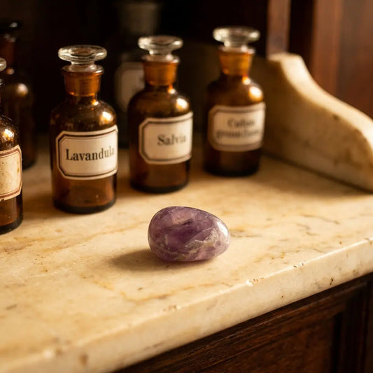 Amethyst Trommelstein – violetter Heilstein im Apothekerschrank mit Apothekergläsern