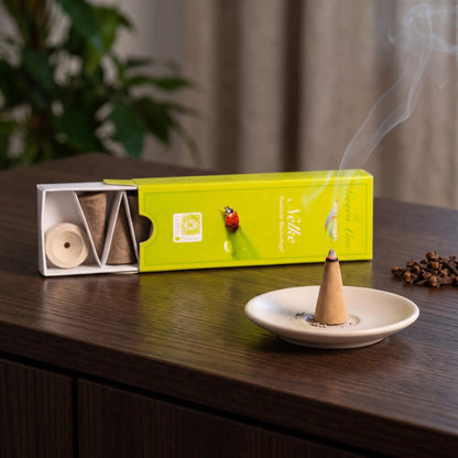 Nelke Räucherkegel naturrein, Holy Smokes Green Line: glimmender Räucherkegel mit feinem Rauch auf einem Keramiktellerchen, dahinter die geöffnete Packung, auf einem Sideboard am Abend