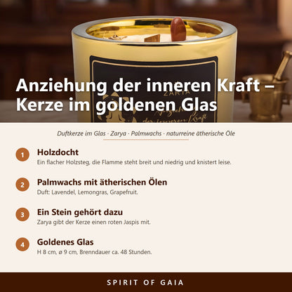 Übersicht zu Zarya Kerze Anziehung der inneren Kraft: Holzdocht, Palmwachs mit ätherischen Ölen, Ein Stein gehört dazu, Goldenes Glas