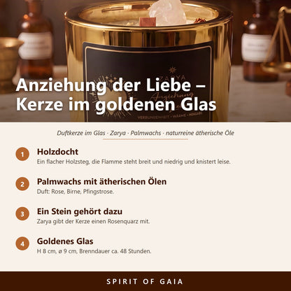 Übersicht zur Kerze Anziehung der Liebe: Holzdocht, Palmwachs mit ätherischen Ölen, Rosenquarz, goldenes Glas