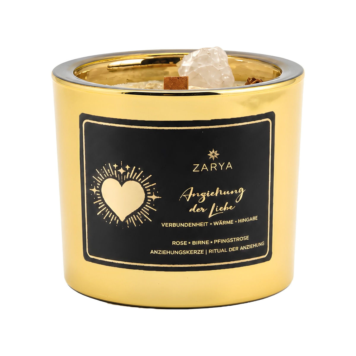 Zarya Kerze Anziehung der Liebe, goldenes Glas, freigestellt auf weißem Grund
