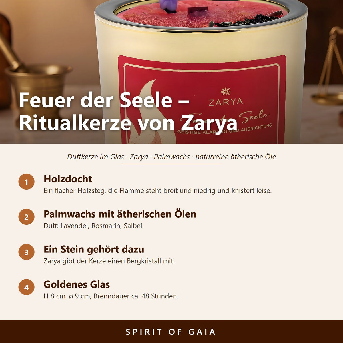 Übersicht zu Zarya Ritualkerze Feuer der Seele: Holzdocht, Palmwachs mit ätherischen Ölen, Ein Stein gehört dazu, Goldenes Glas