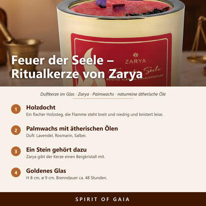 Übersicht zu Zarya Ritualkerze Feuer der Seele: Holzdocht, Palmwachs mit ätherischen Ölen, Ein Stein gehört dazu, Goldenes Glas