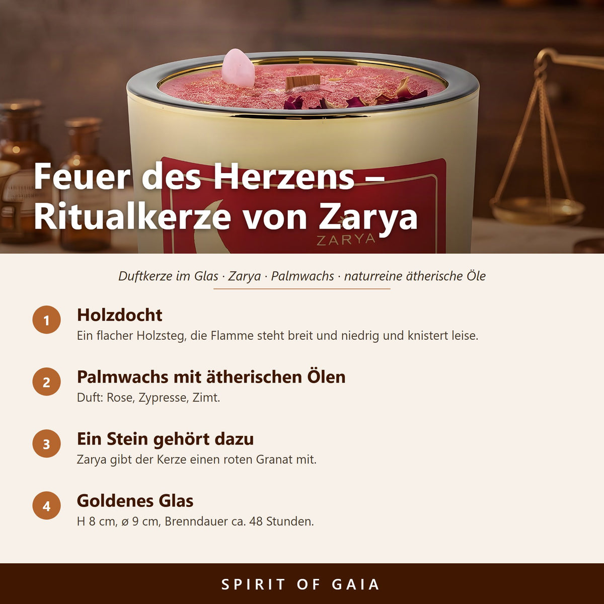 Übersicht zu Zarya Ritualkerze Feuer des Herzens: Holzdocht, Palmwachs mit ätherischen Ölen, Ein Stein gehört dazu, Goldenes Glas